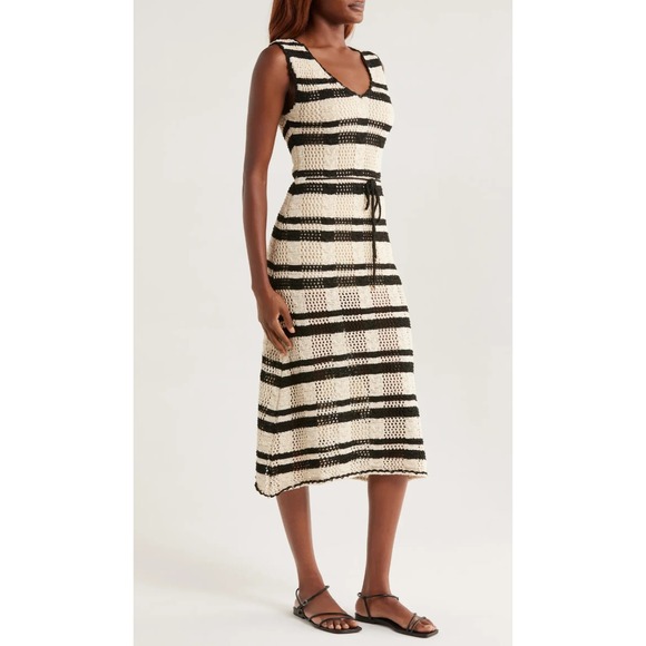 Elan Dresses & Skirts - New Elan Stripe Cotton Blend Midi Cover-Up Dress Crochet Natural Black Size XL